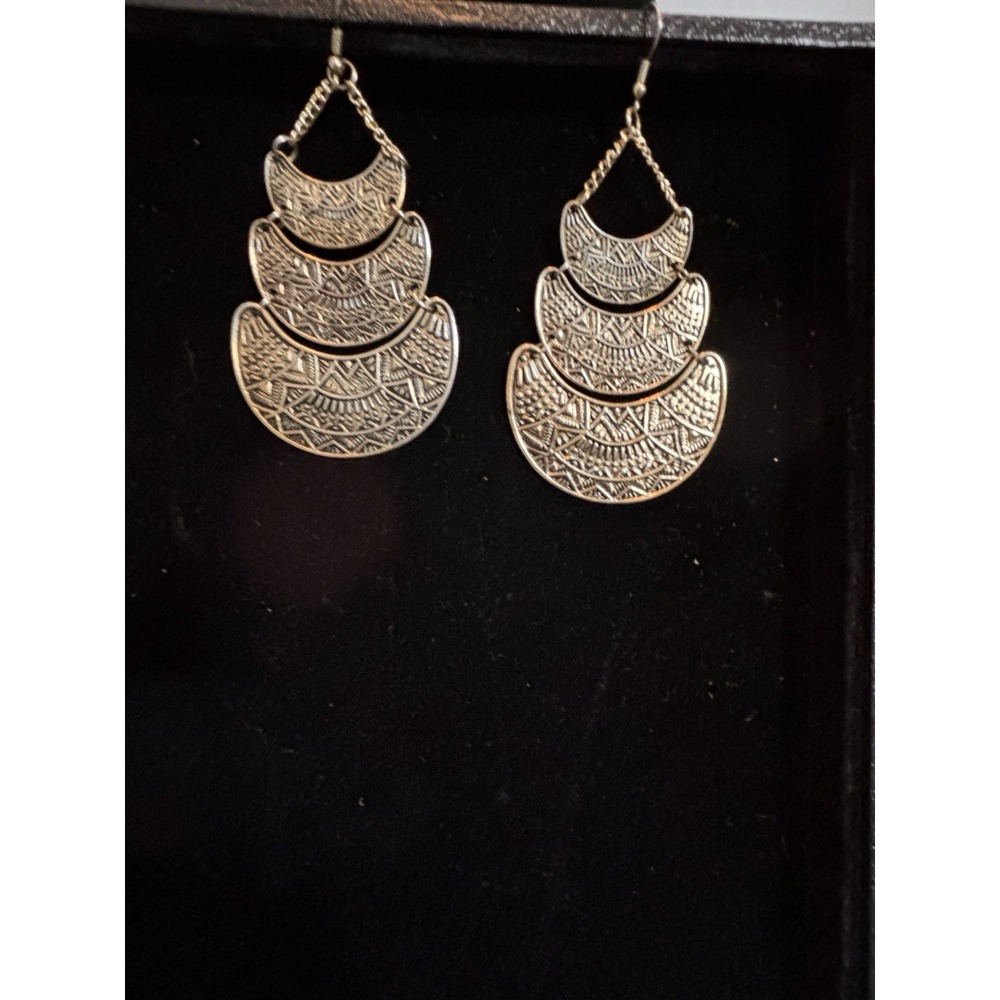Boho Tribal Antiqued Silver Tone 3-Tier Crescent Chandelier Dangle Earrings[JB2]
